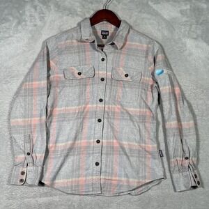 Patagonia Shirt Womens XS Gray Plaid Long Sleeve Flannel Button Up Logo *FLAW